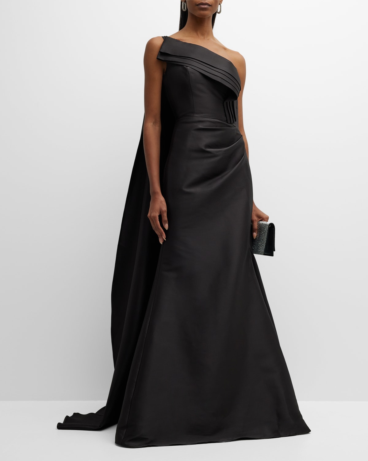 Jovani One-Shoulder Pleated A-Line Cape Gown