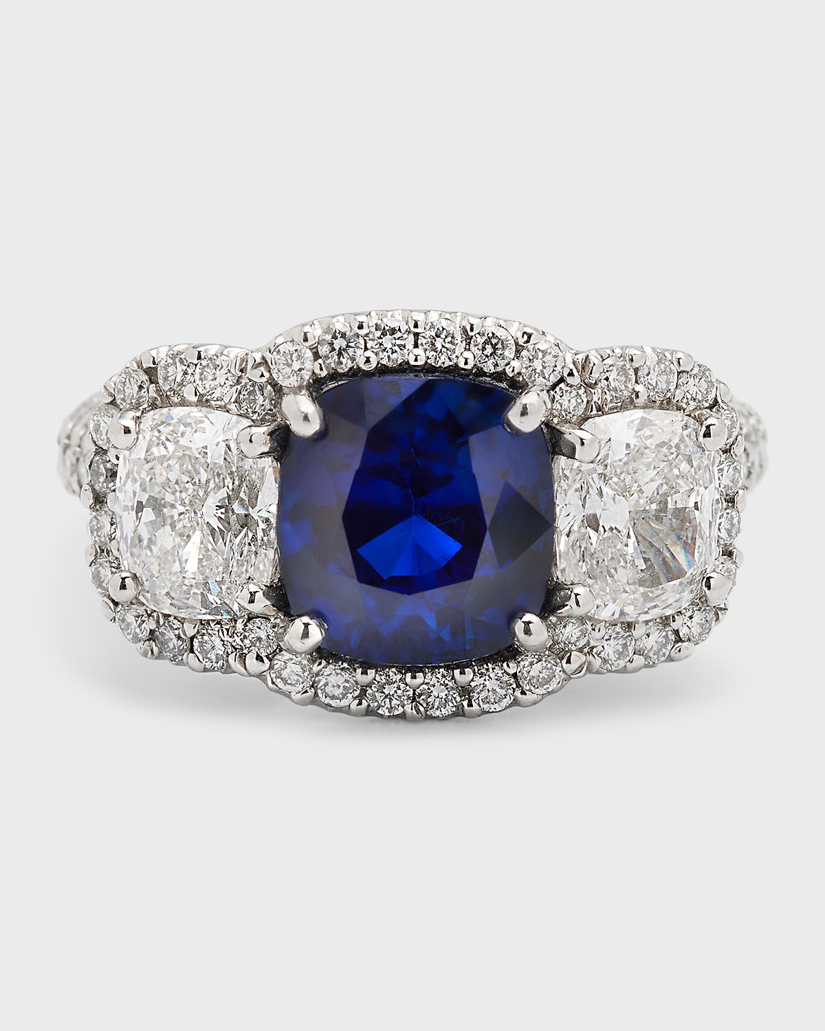 Bayco Platinum Cushion Blue Sapphire and 186 F/VVS1-VS Diamond Ring, Size 7.5