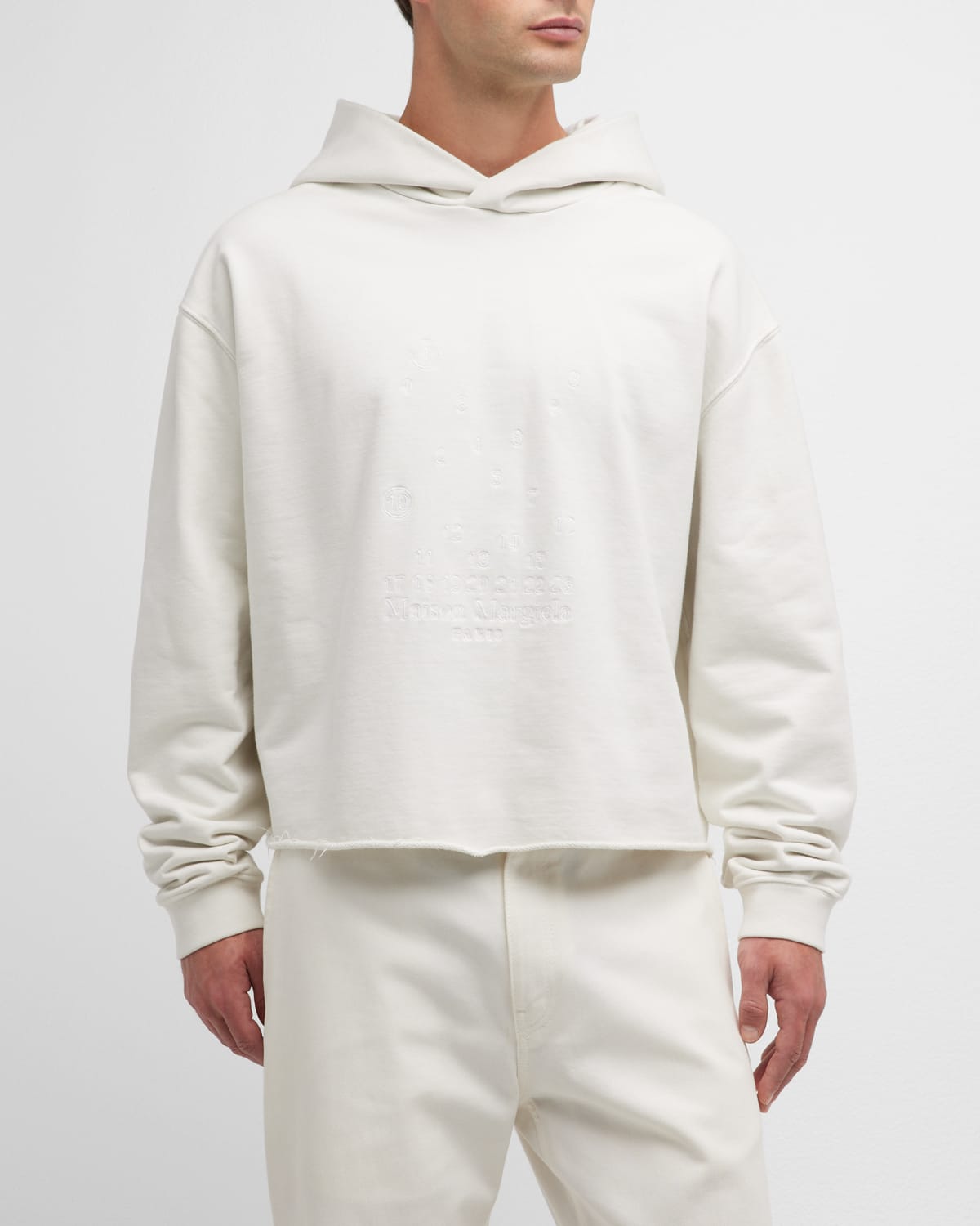 Maison Margiela Men's Cropped Hoodie With Tonal Embroidery In Chalk/whit