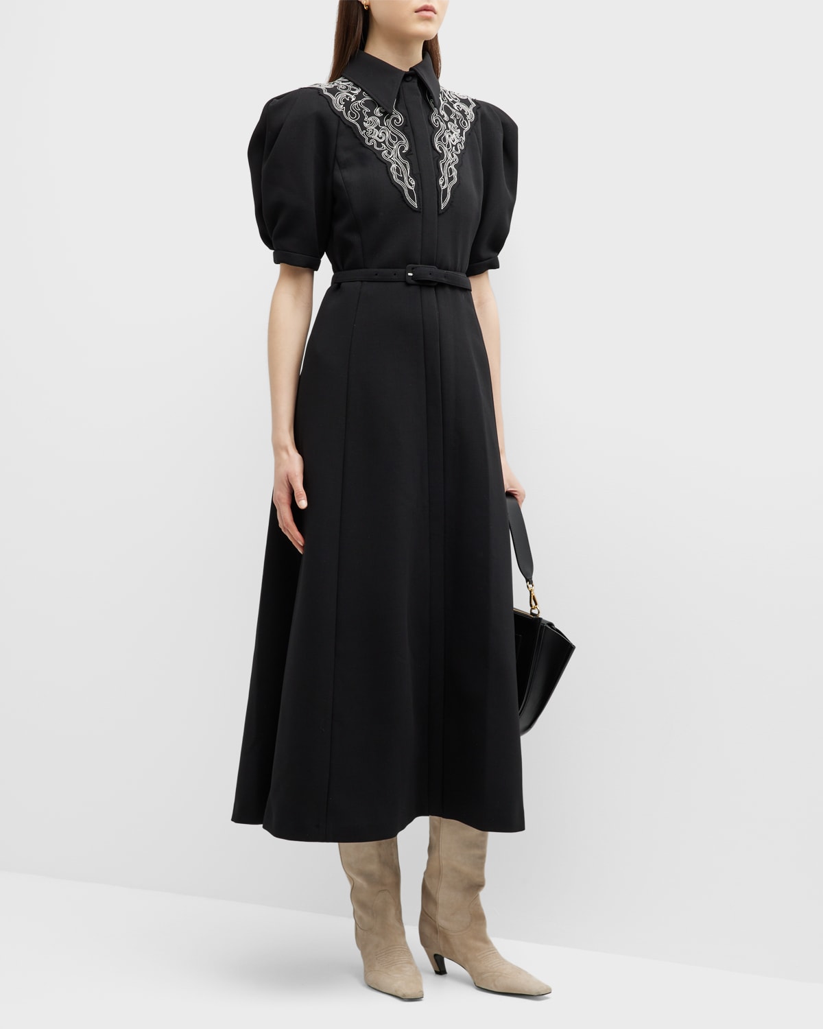 Gabriela Hearst Billy Embroidered Wool Midi Dress In Black