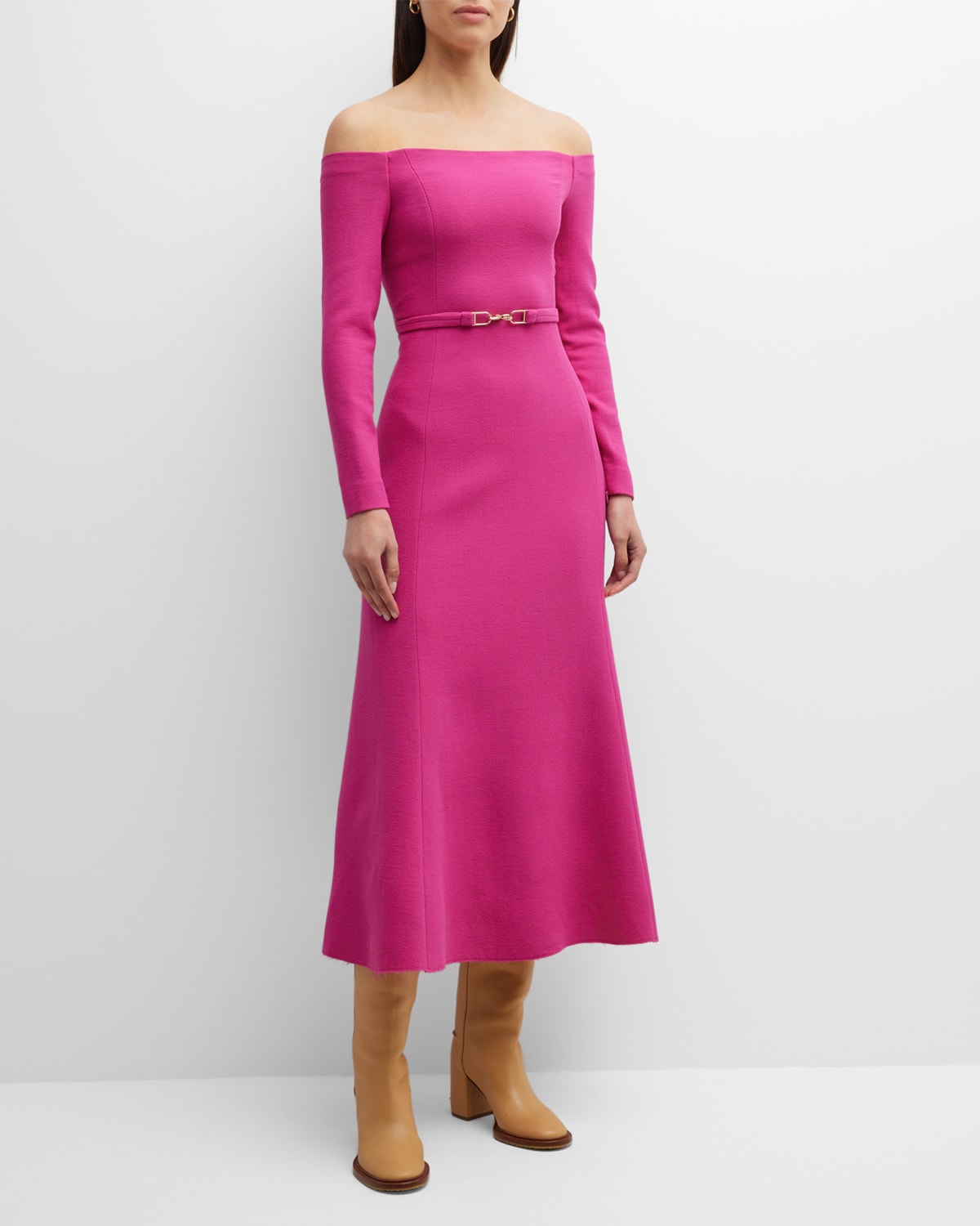 Gabriela Hearst Carole Off-the-shoulder Belted Wool-crepe Dress In Fuchsia