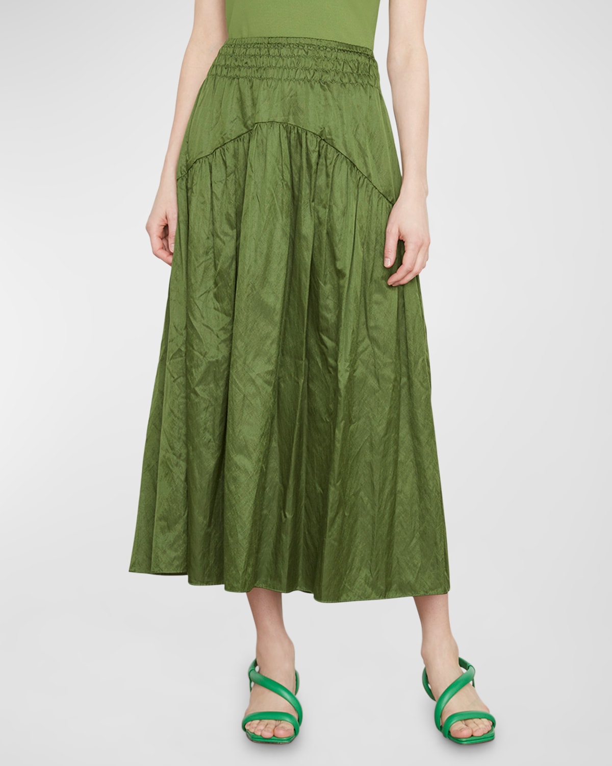 Vince Metallic Smocked Tiered Midi Skirt In Herb - 351hrb
