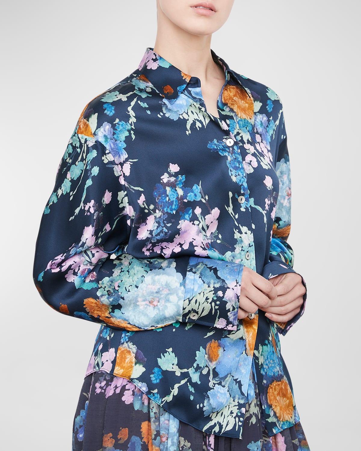 Vince Painted Bouquet Long Sleeve Silk Button-up Shirt In Coastal - 403cbl