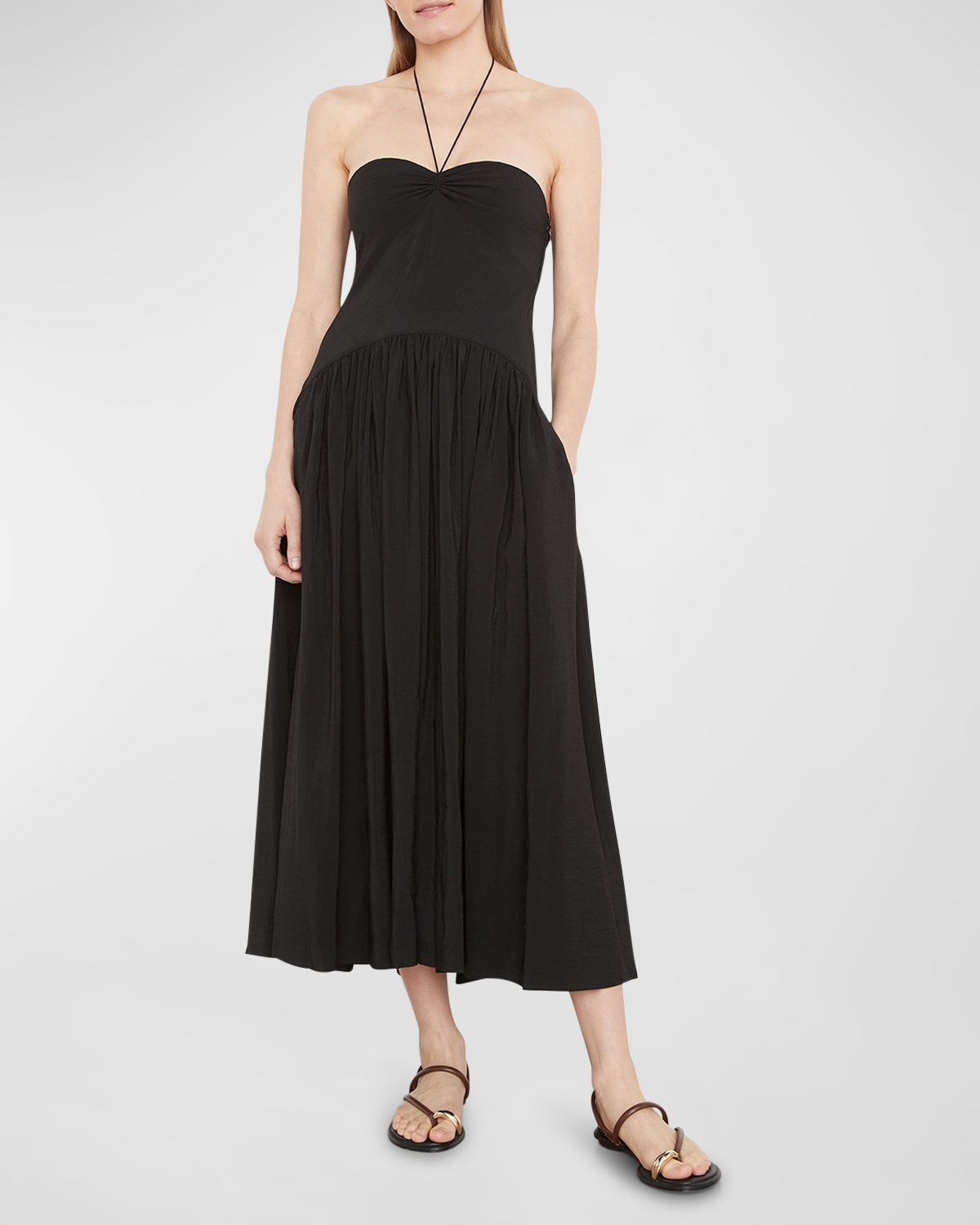 Vince Ruched Sweetheart Halter Midi Dress In Black - 001blk
