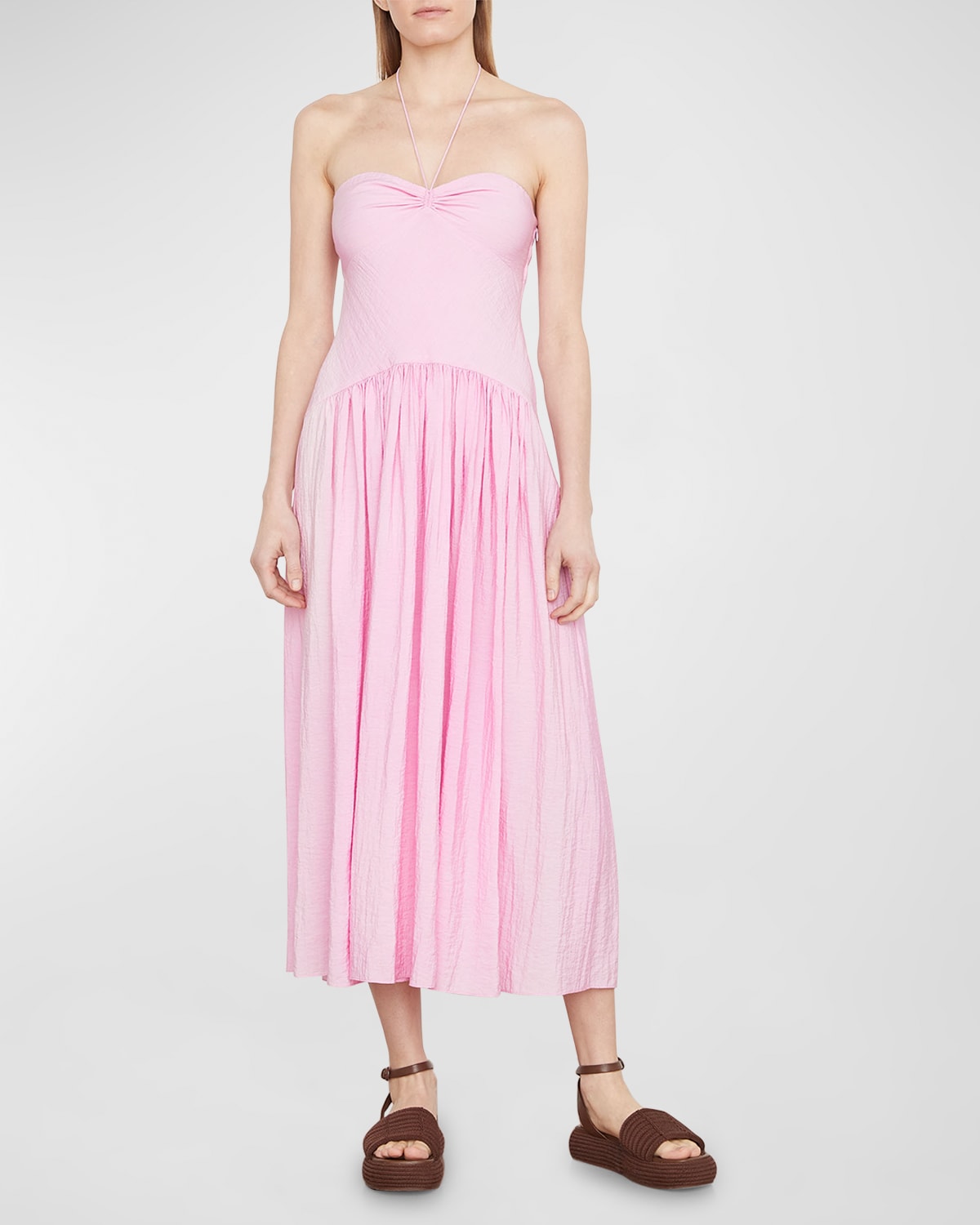 Vince Ruched Sweetheart Halter Midi Dress In Petal Nectar