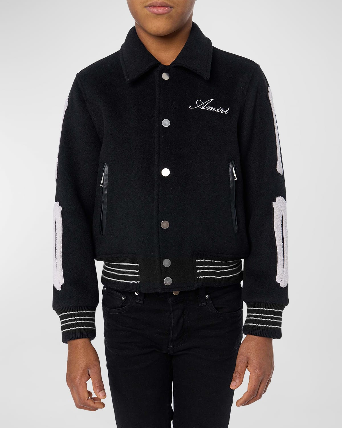 Shop Amiri Boy's Wool Embroidered Logo-print Bones Bomber Jacket In Black-wool
