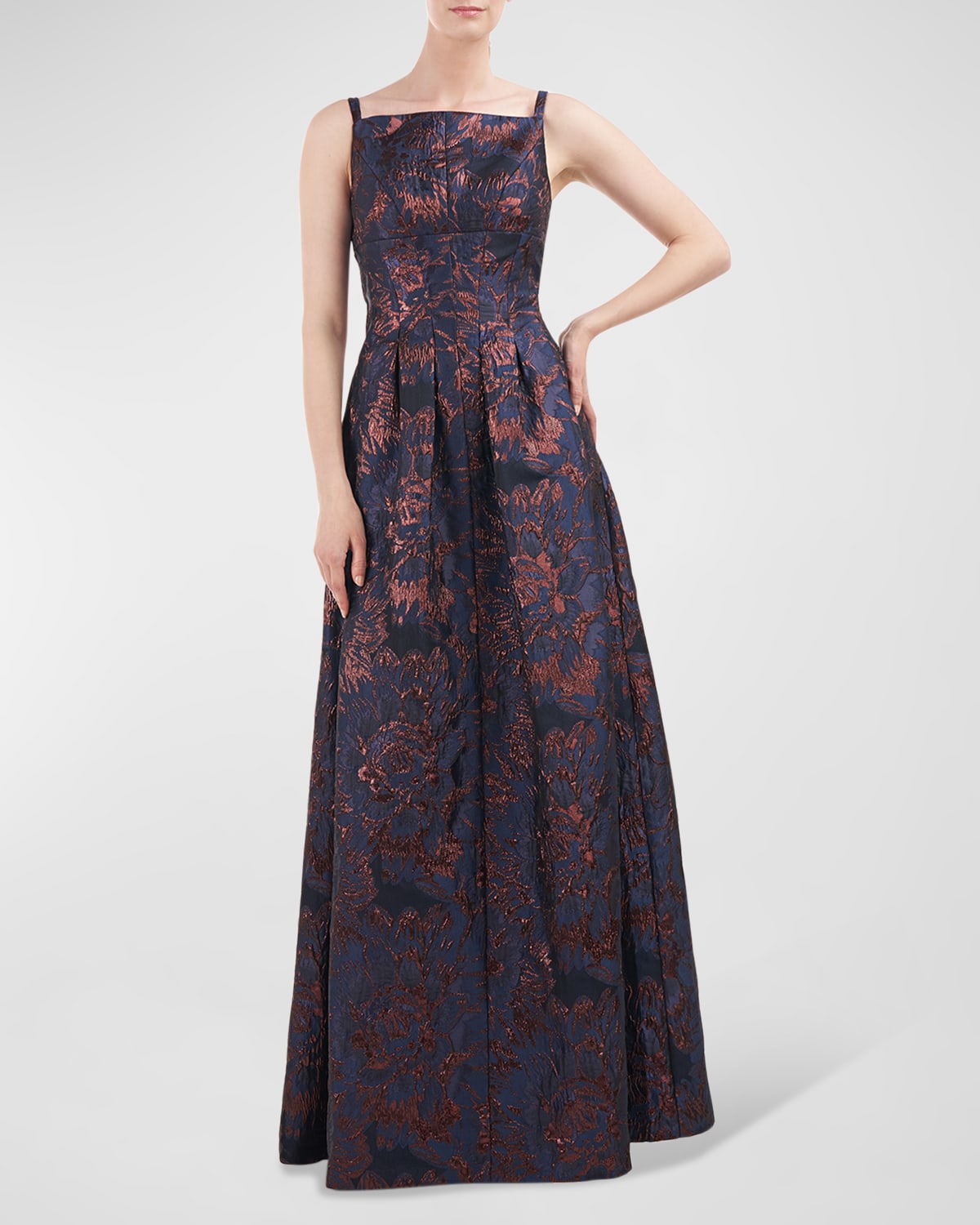 Kay Unger New York Pleated Metallic Floral Jacquard Gown