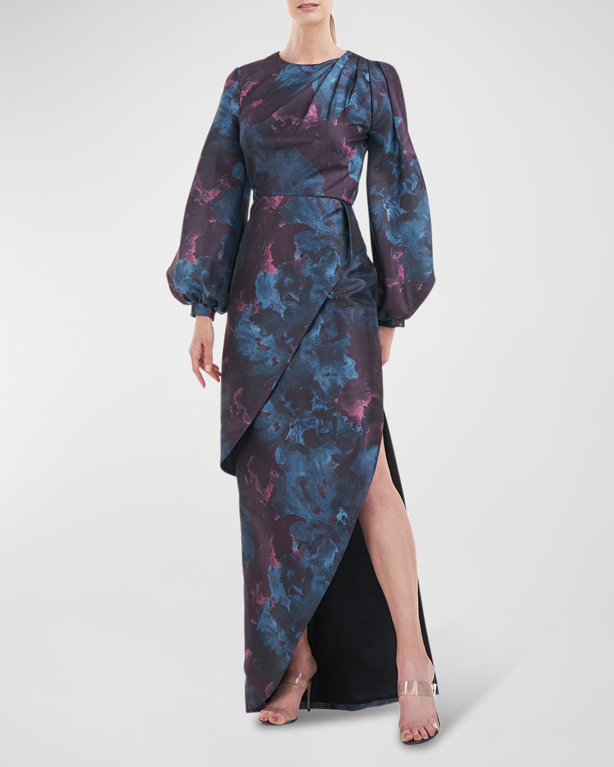 Kay Unger New York Abstract-Print Balloon-Sleeve Organza Gown