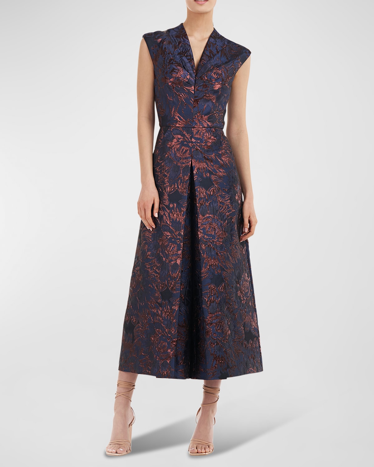 Kay Unger New York Pleated Metallic Jacquard Midi Dress
