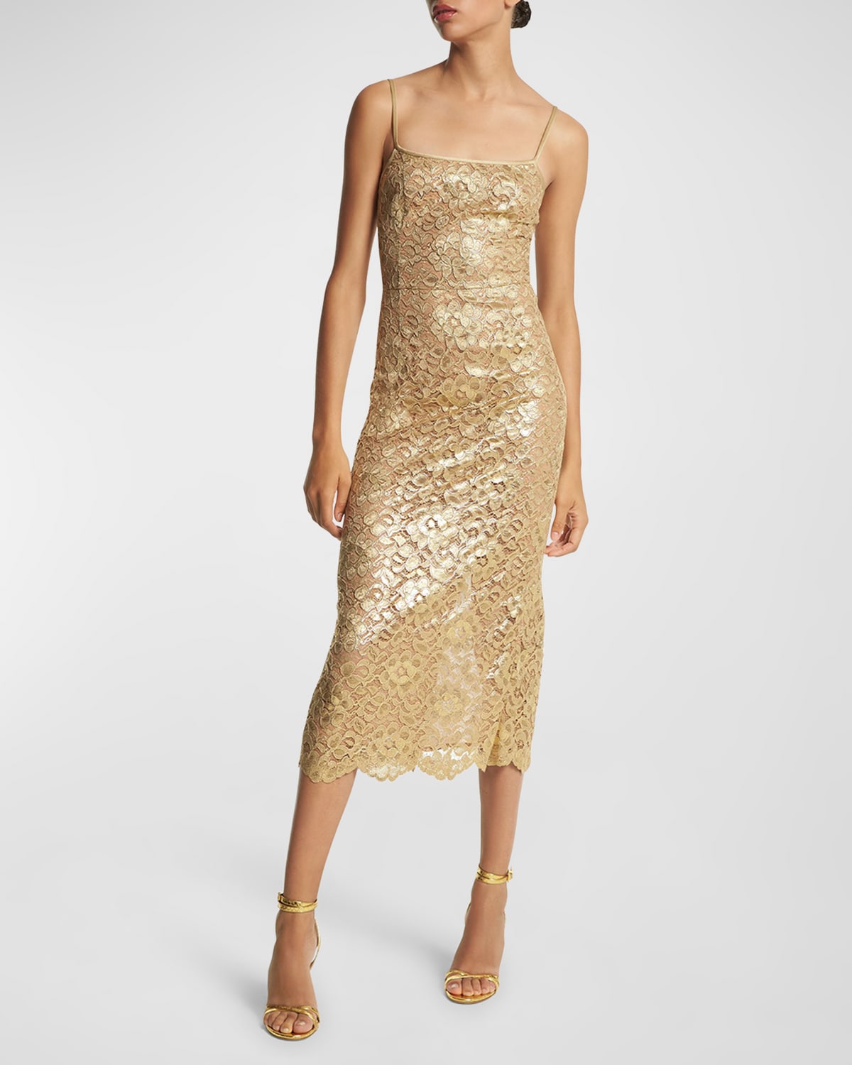 Michael Kors Laminated Lace Midi Slip Dress In Gold
