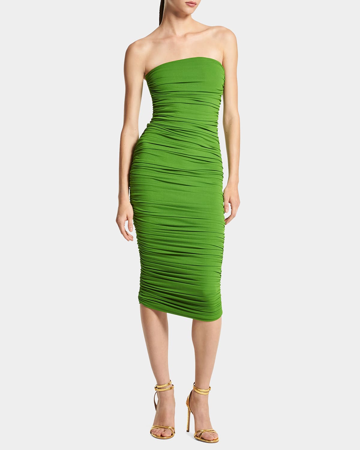 Michael Kors Ruched Strapless Midi Dress In Palm