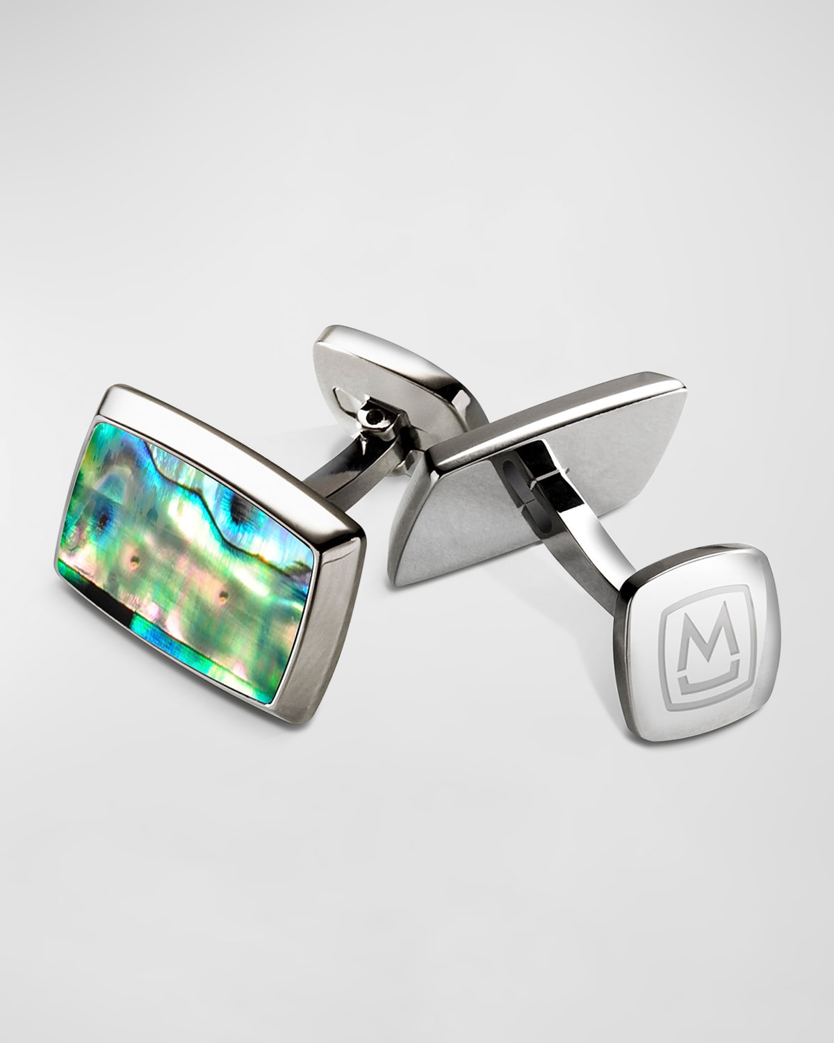 M Clip Men's Green Abalone Tapered Rectangle Cufflinks In Silver