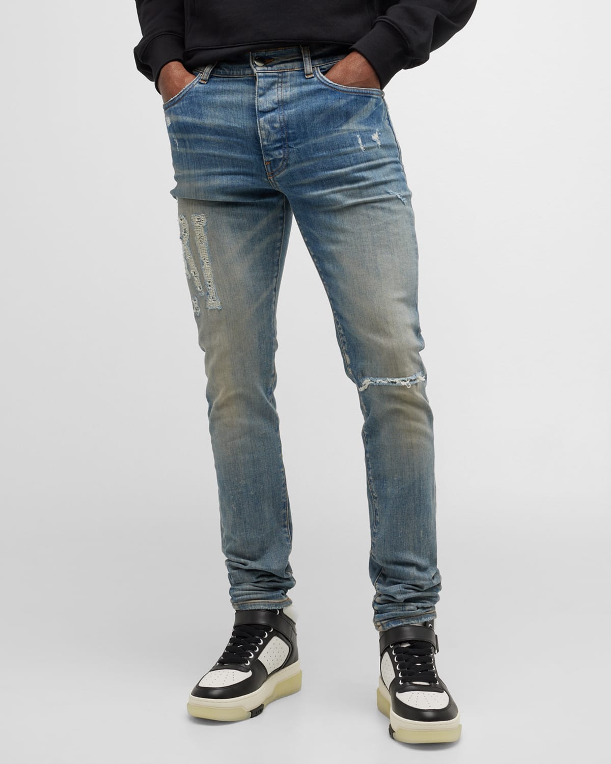 Men's Distressed Logo Tapered Jeans