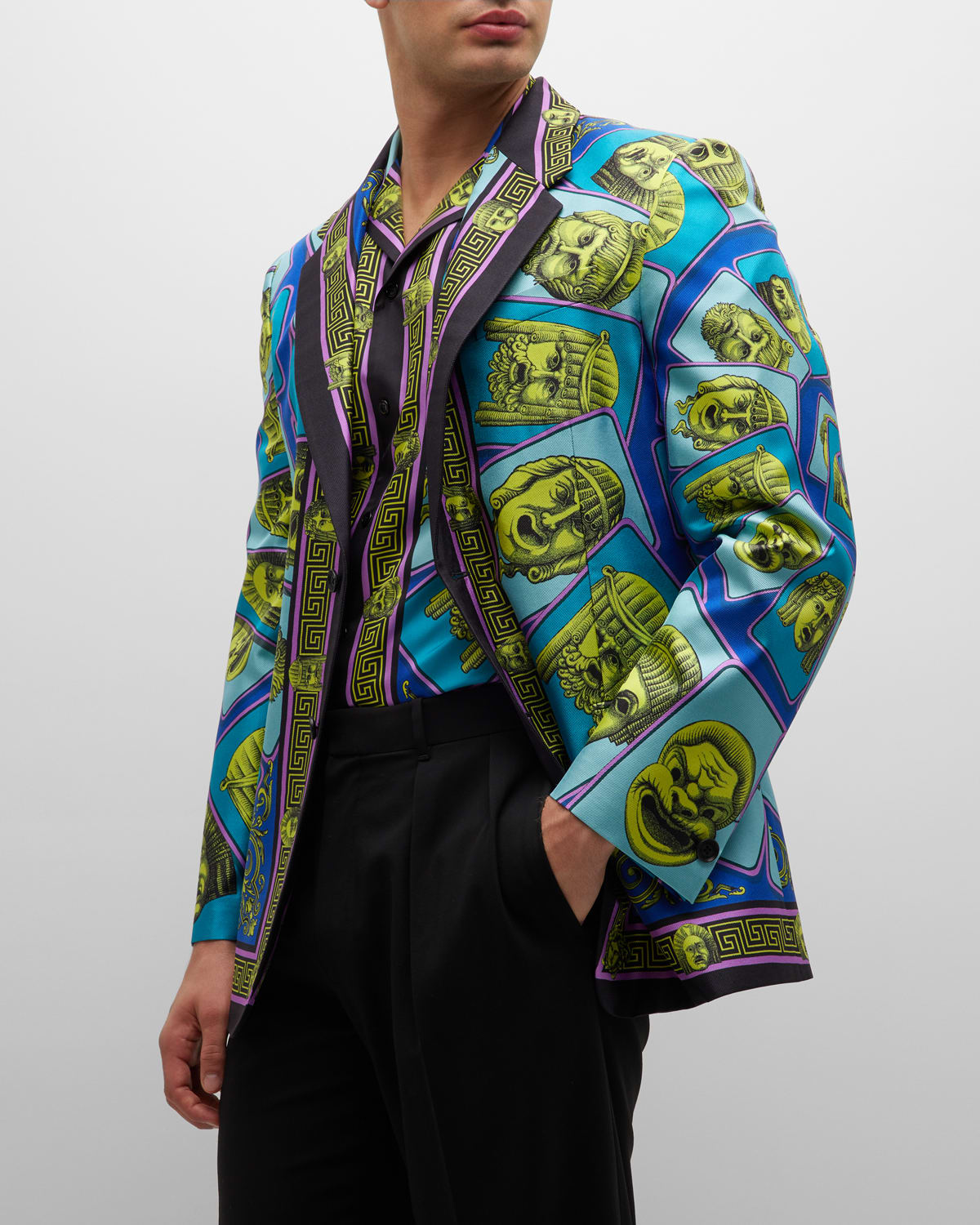 Versace Mask Print Silk Twill Shirt In Acid Greenteal