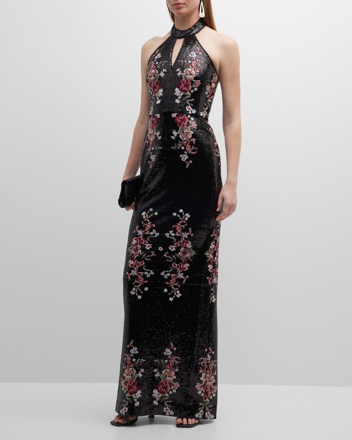 MARCHESA NOTTE FLORAL-EMBROIDERED CUTOUT SEQUIN HALTER GOWN