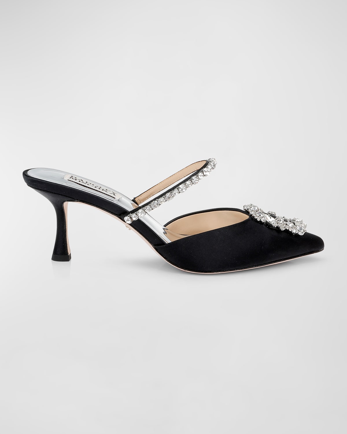 Badgley Mischka Flutter Buckle Embellished Pointed Mules In Blacksatin
