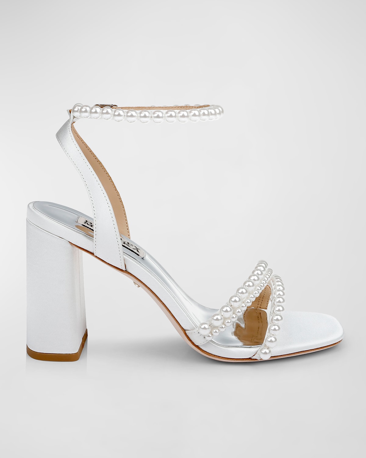 Badgley Mischka Feisty Pearly Satin Block-heel Sandals In Soft White