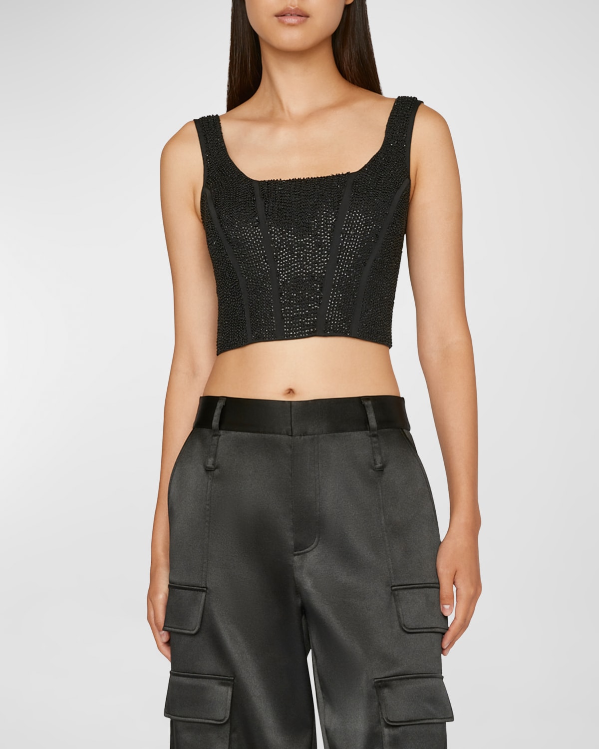 Frame Beaded Silk Corset Crop Top In Noir
