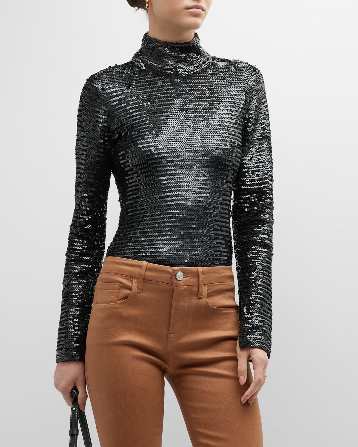 Frame Sequined Cotton And Modal-blend Jersey Turtleneck Top In Noir
