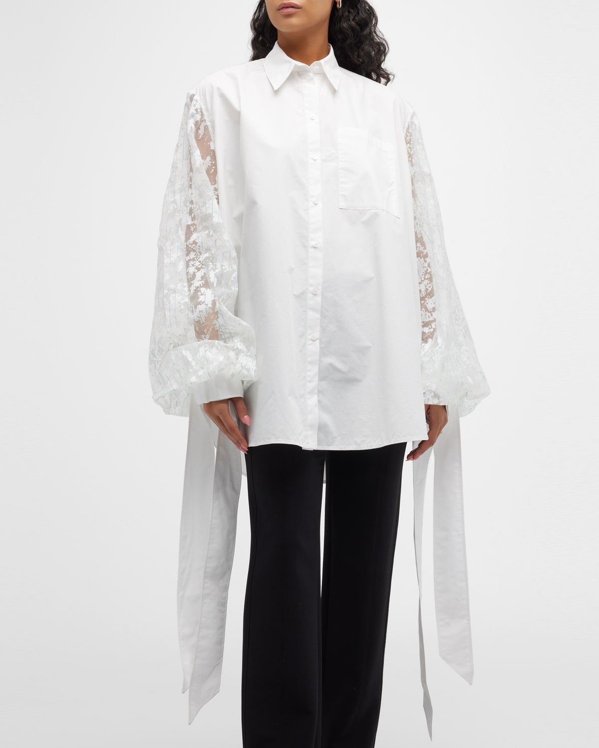 Button-Front Lace Sleeve Blouse