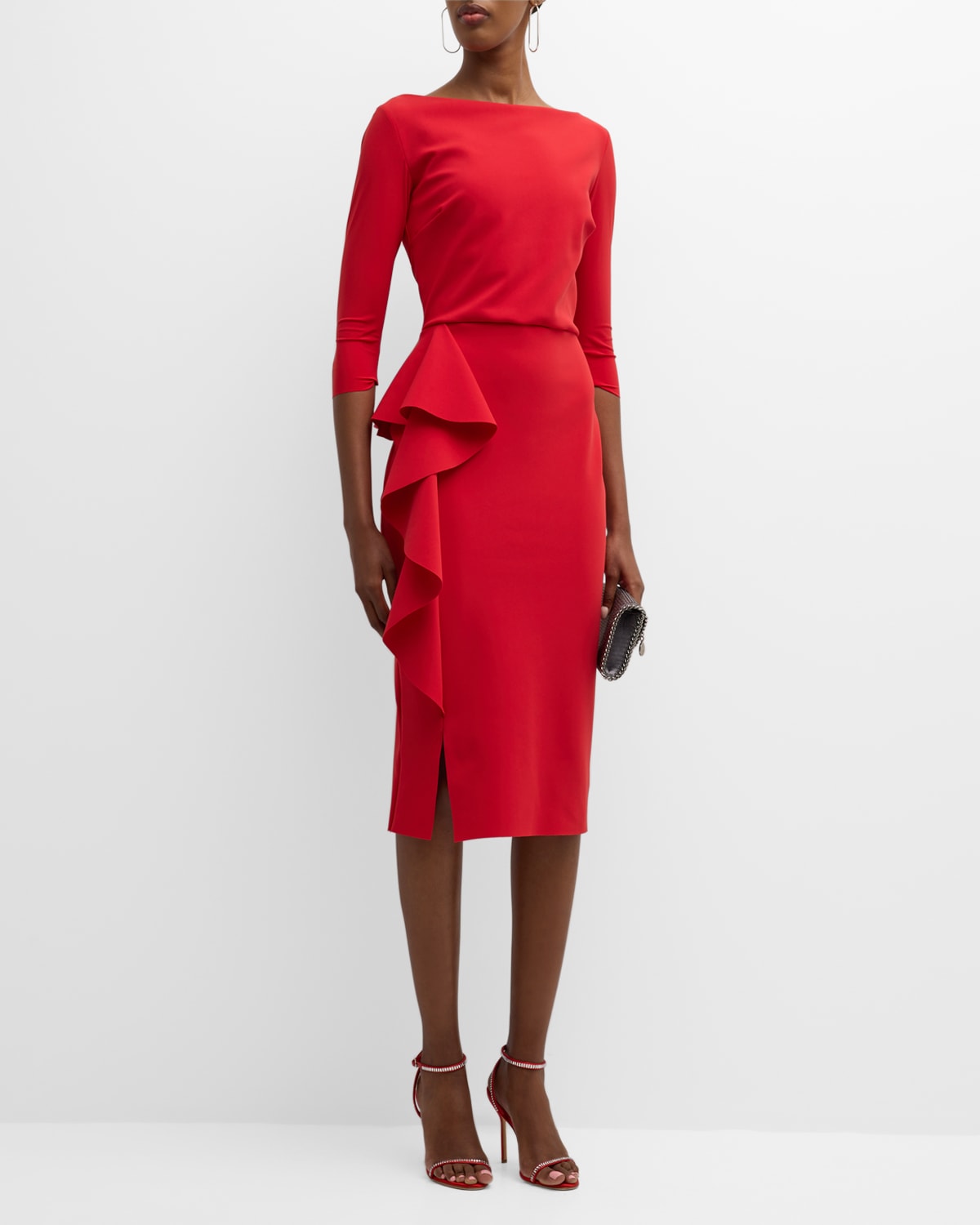 Chiara Boni La Petite Robe Muhe 3/4-sleeve Ruffle Midi Dress In Red
