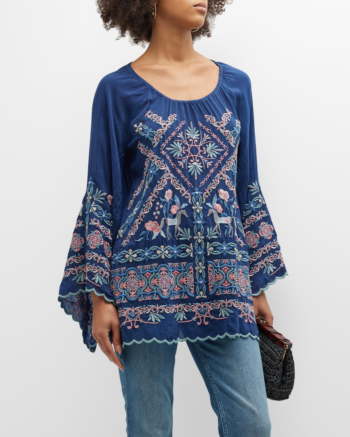 Johnny Was Lina Scalloped Embroidered Tunic Top In Blue Night | ModeSens