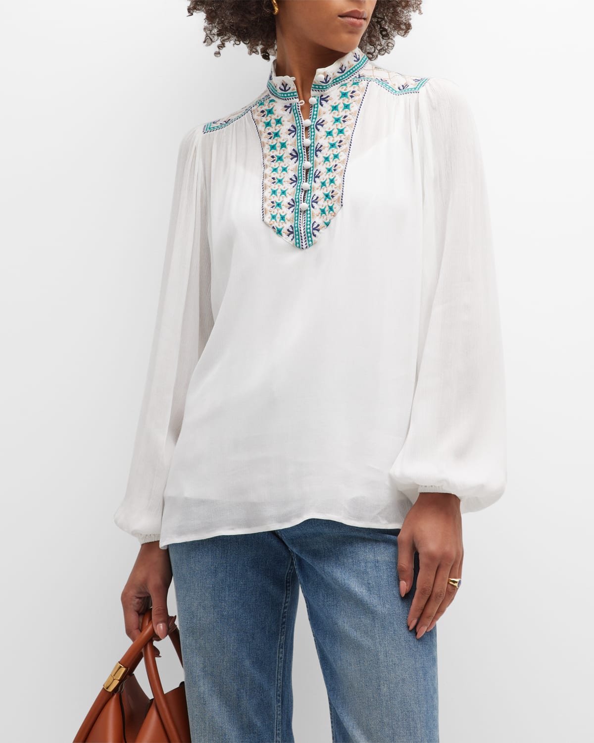 Paola Embroidered Blouson-Sleeve Blouse