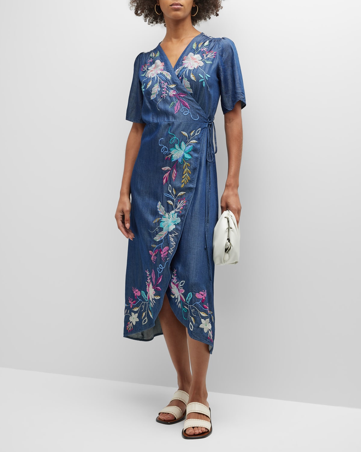 Nico Embroidered Denim Midi Wrap Dress