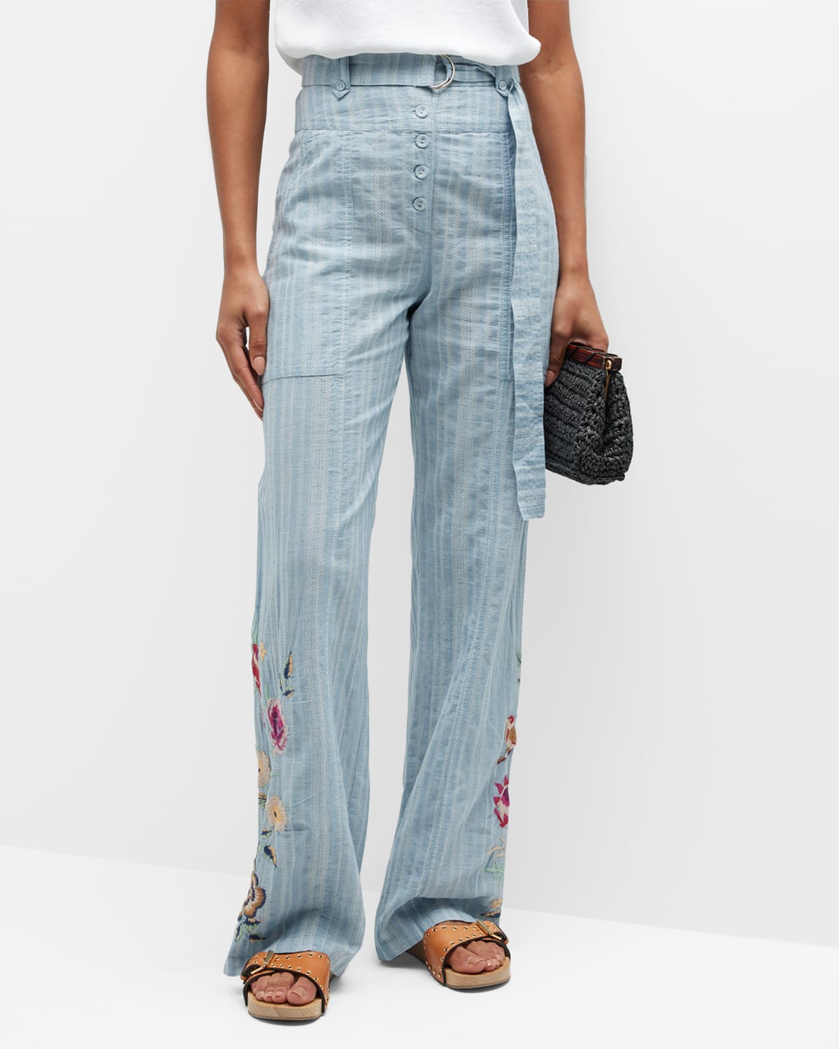 Paloma Belted Wide-Leg Embroidery Pants