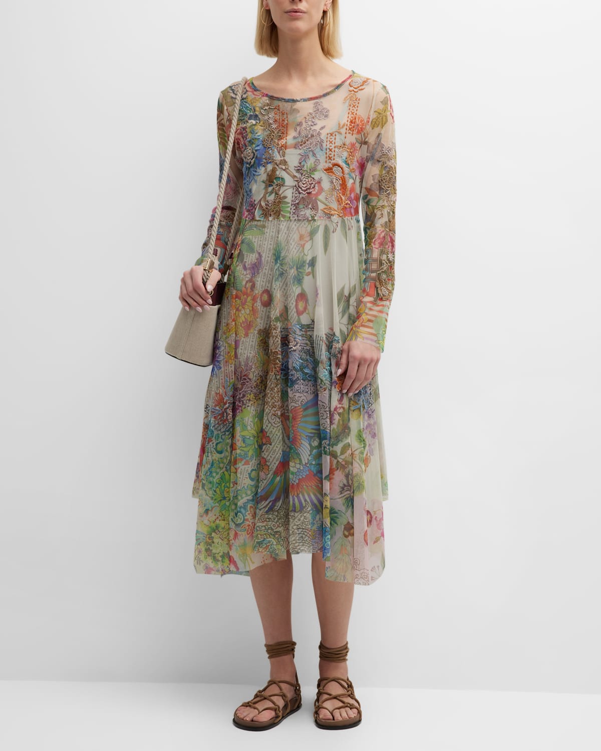 Johnny Was Alyeshka Floral-embroidered Mesh Midi Dress In Multi | ModeSens