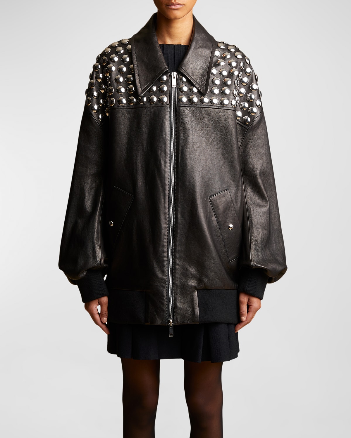 Khaite Ziggy Studded Oversized Leather Bomber Jacket   Smart Closet