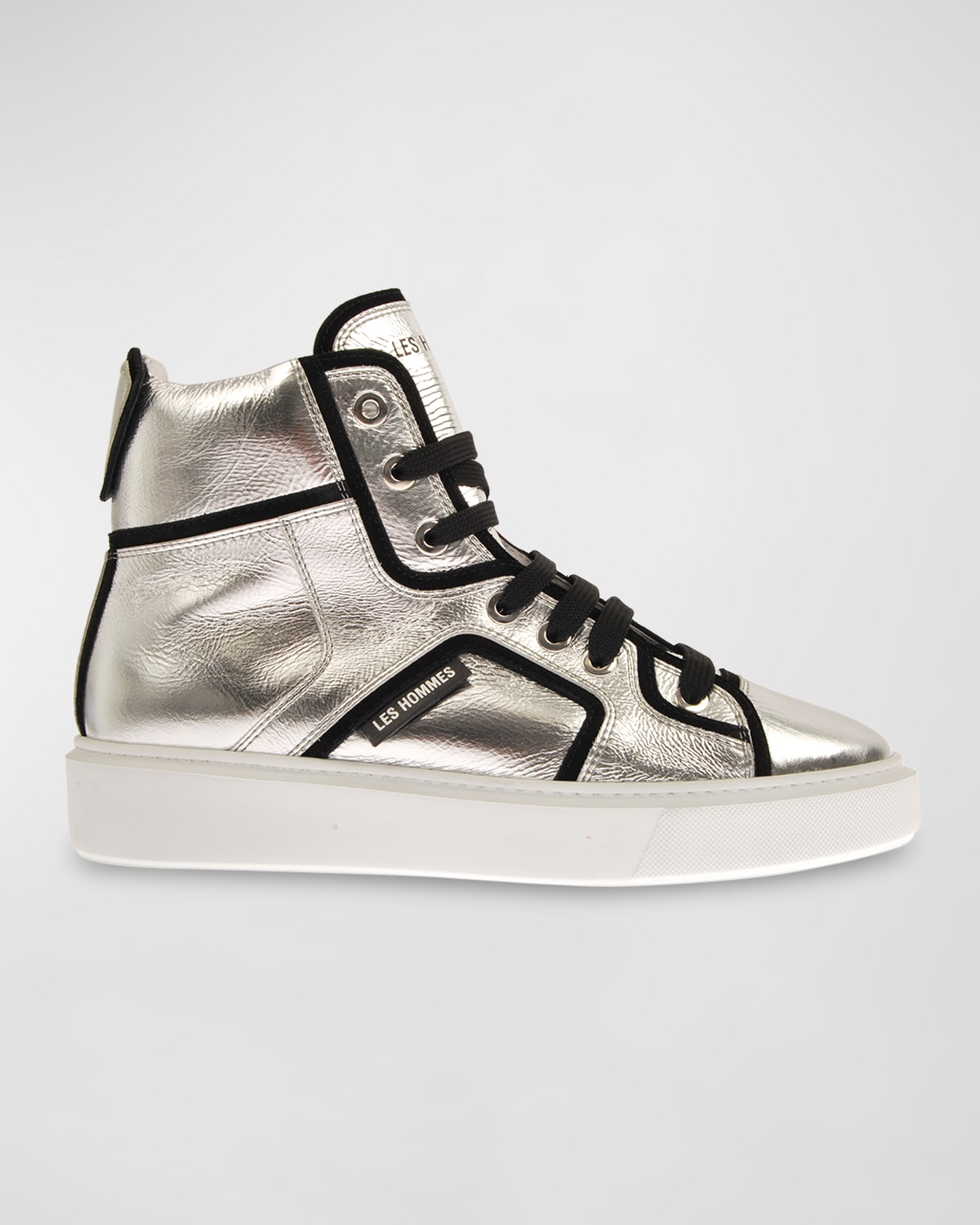 Les Hommes Men's Metallic Leather High-top Sneakers In Silver