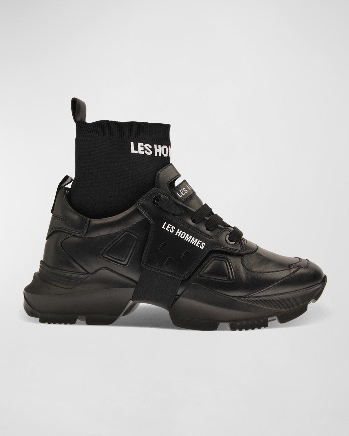 Les Hommes Men's Leather Chunky High-top Sock Trainers In Black