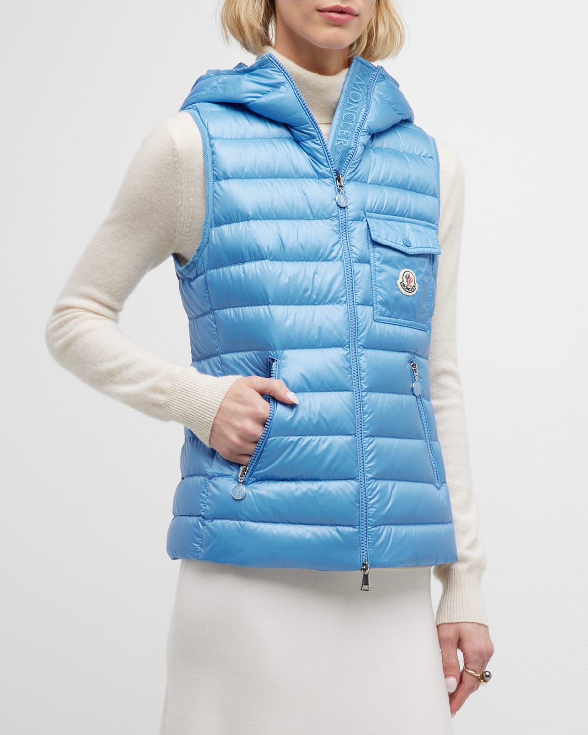 Moncler Glygos Quilted Nylon Hooded Down Vest In Bright Blue