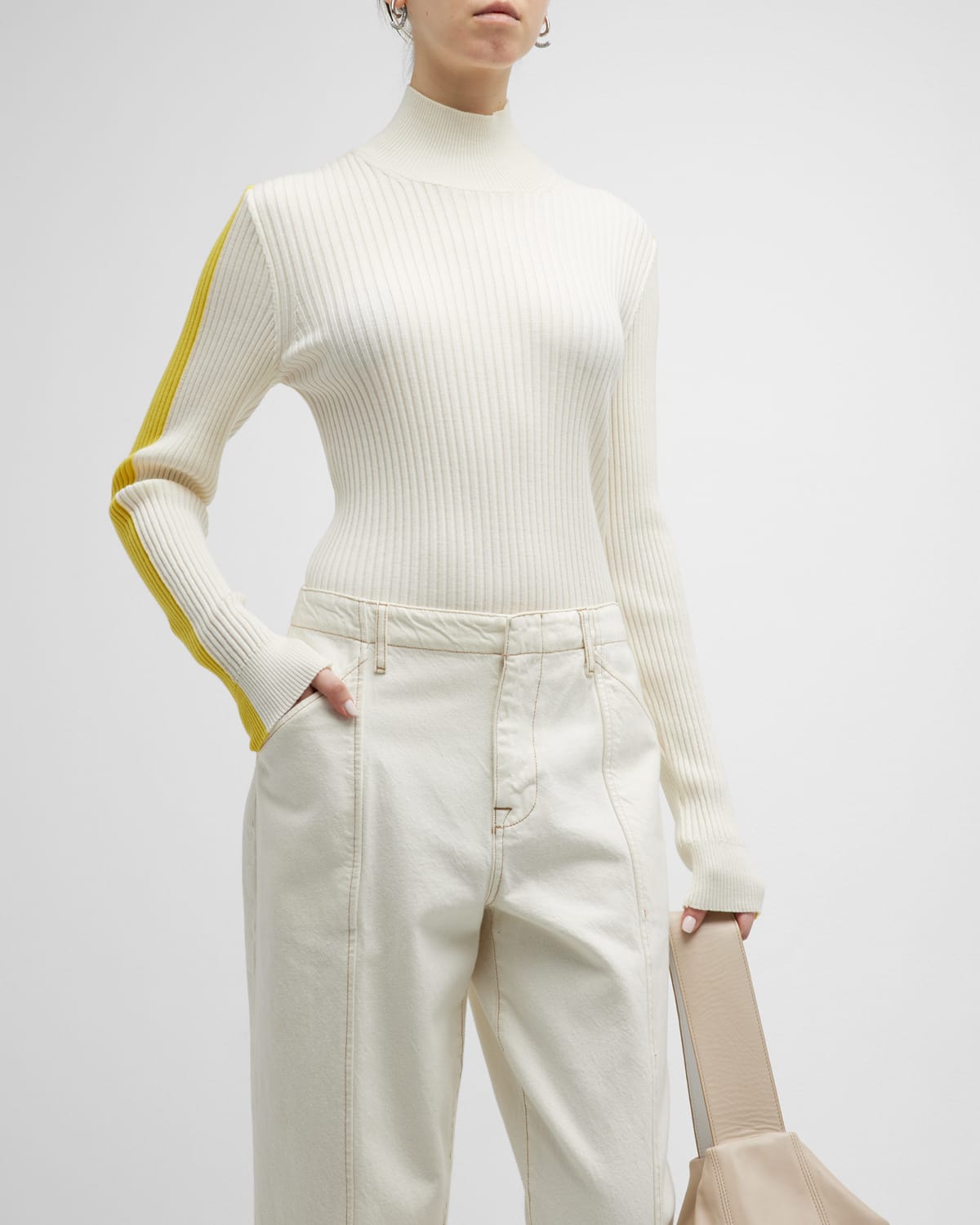 Ribbed Turtleneck Sweater w/ Colorblock Detail
