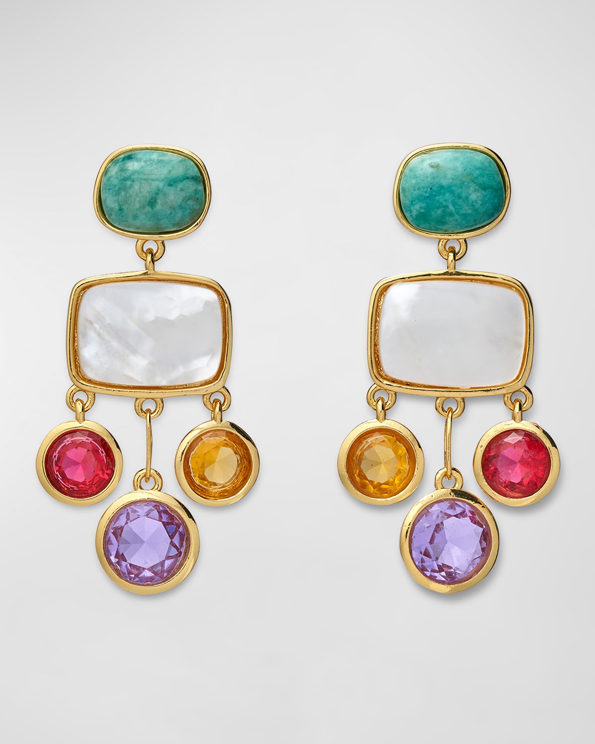 Lizzie Fortunato Parade 24K Gold Plated Multi-Stone Chandelier Drop Earrings in Amazonite, Mother-of-Pearl, Pink Topaz, and Cubic Zirconia