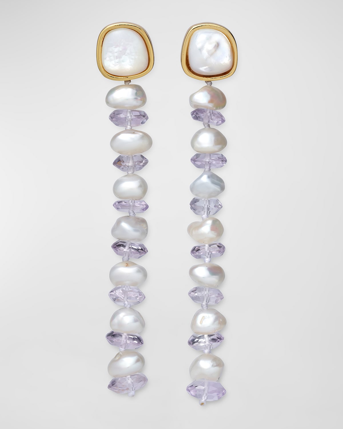 Lizzie Fortunato Wisteria 24K Yellow Gold Column Drop Earrings with Freshwater Pearl, Amethyst, and Mother-of-Pearl