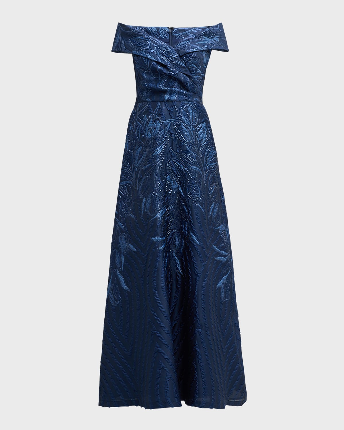 Rickie Freeman For Teri Jon Off-shoulder Metallic Jacquard Gown In Navy