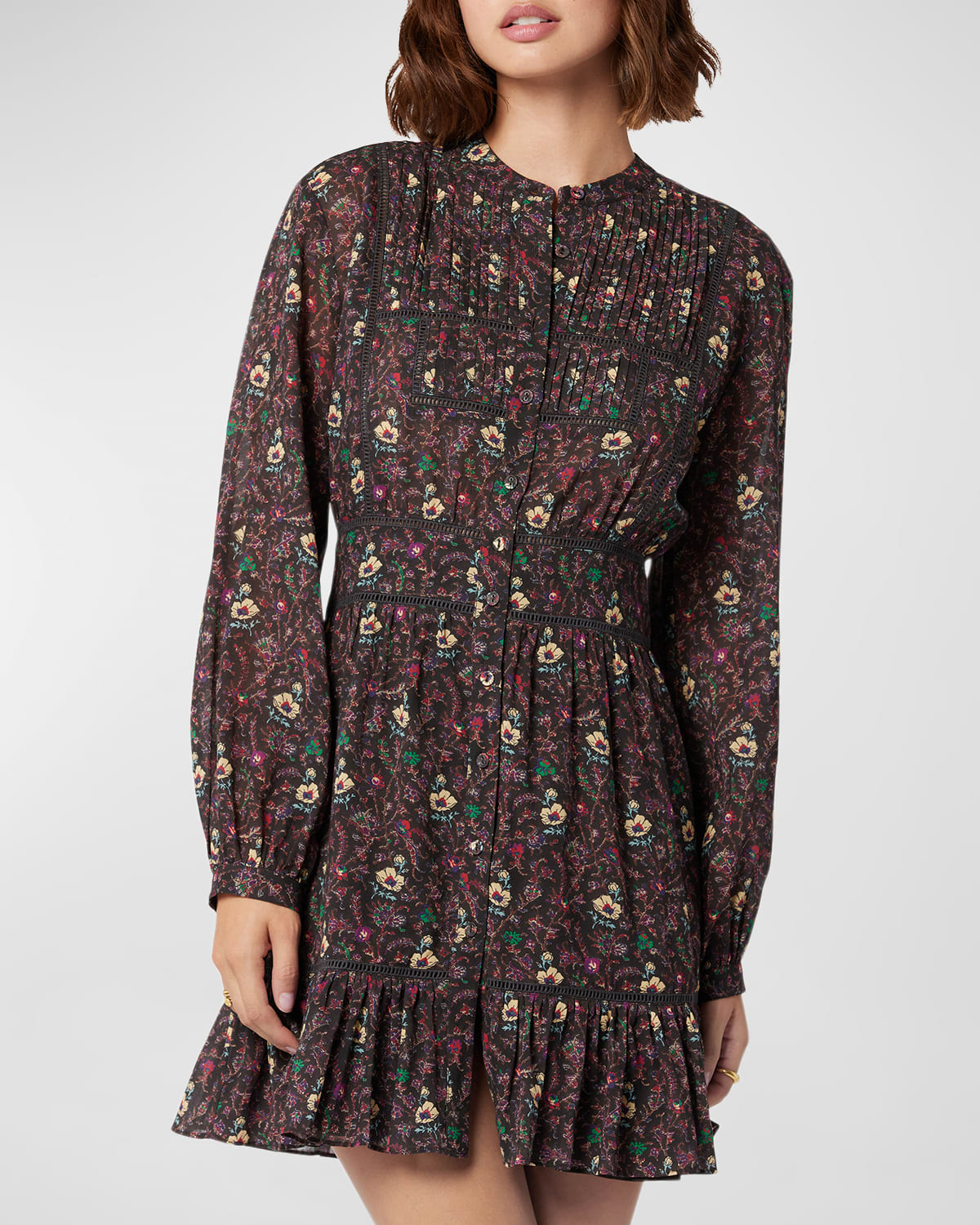 Joie Pintuck Floral-print Button-down Mini Dress In Chocolate Torte M
