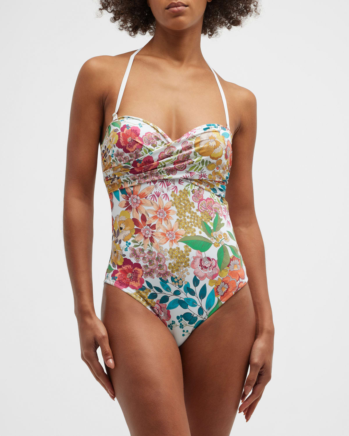 Johnny Was Twist-front Bandeau One-piece Swimsuit In Multi
