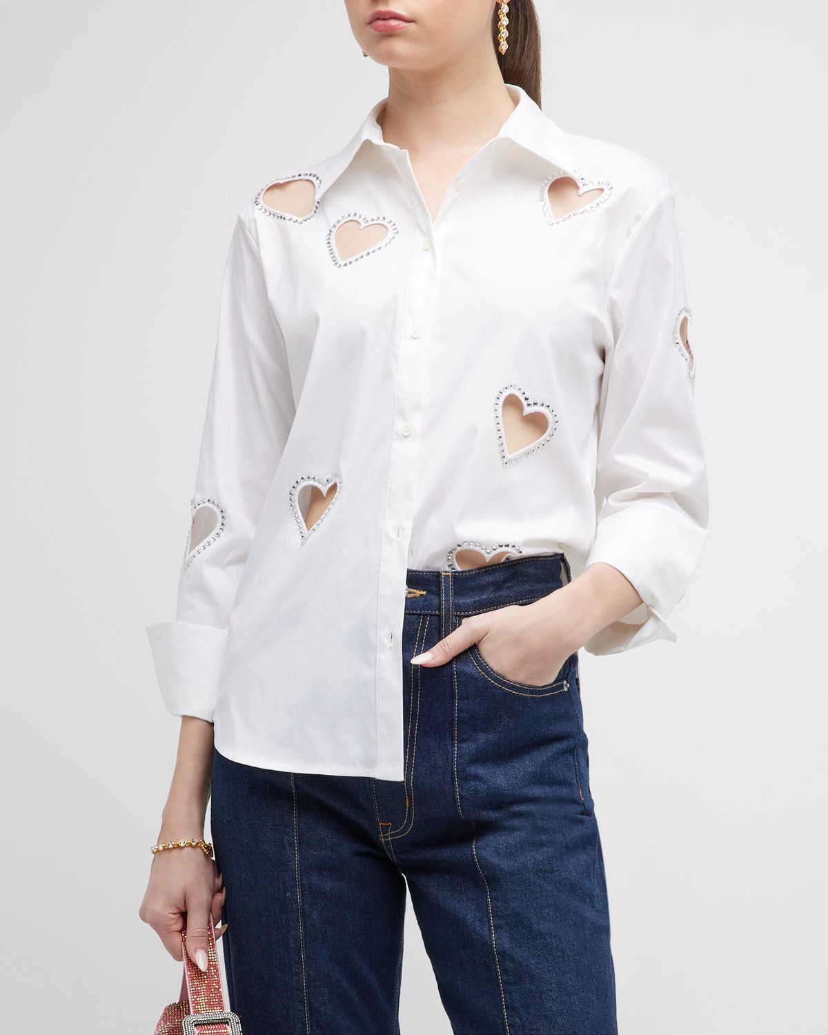 Shop Alice And Olivia Finely Embellished Button-front Heart Cutout Shirt In Ecru