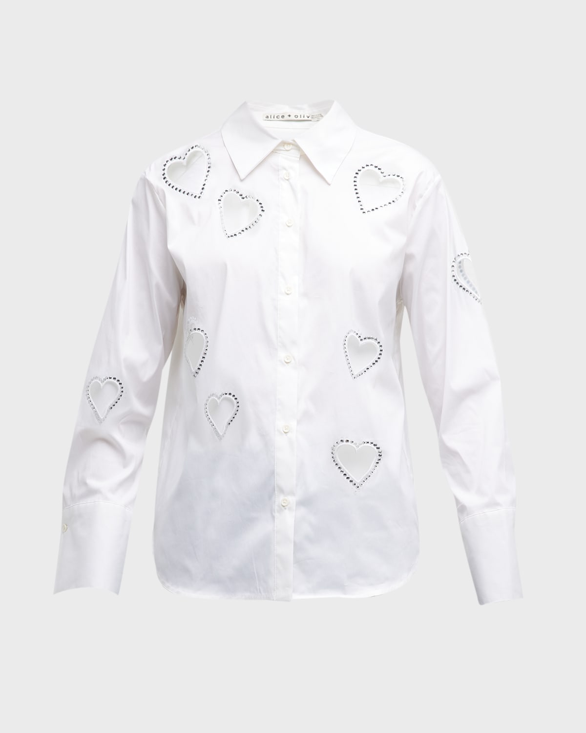 Shop Alice And Olivia Finely Embellished Button-front Heart Cutout Shirt In Ecru