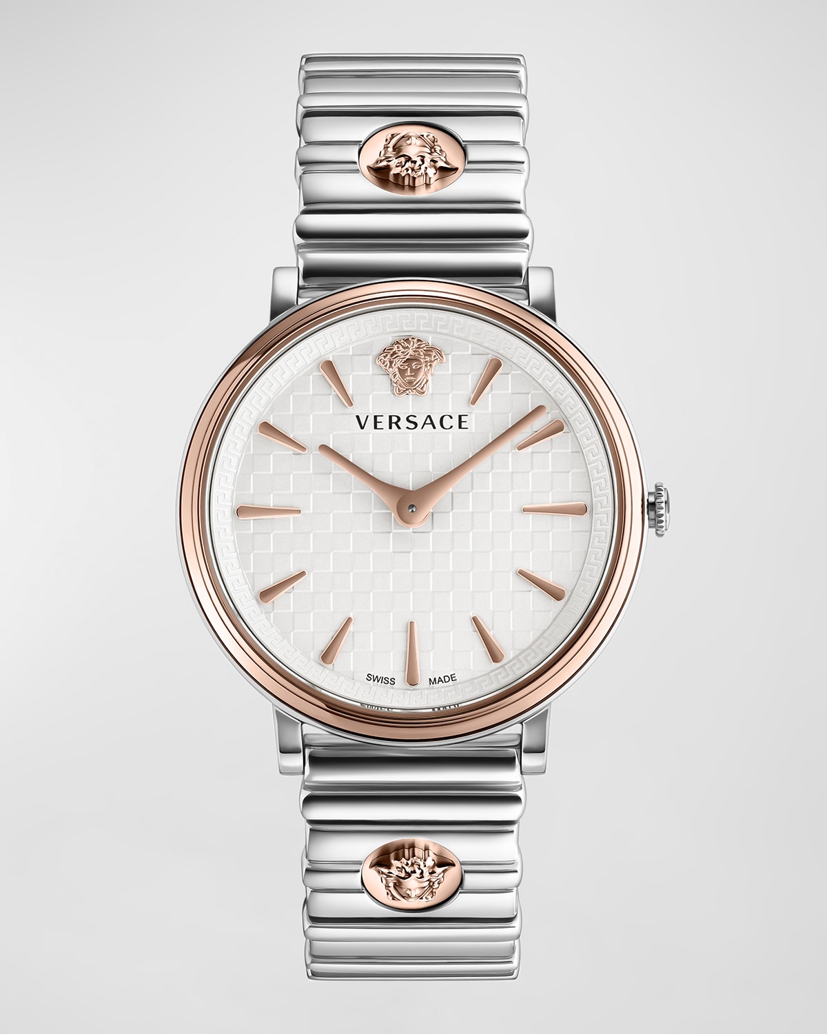 Versace V-circle Logomania Bracelet Watch In White/rose Gold