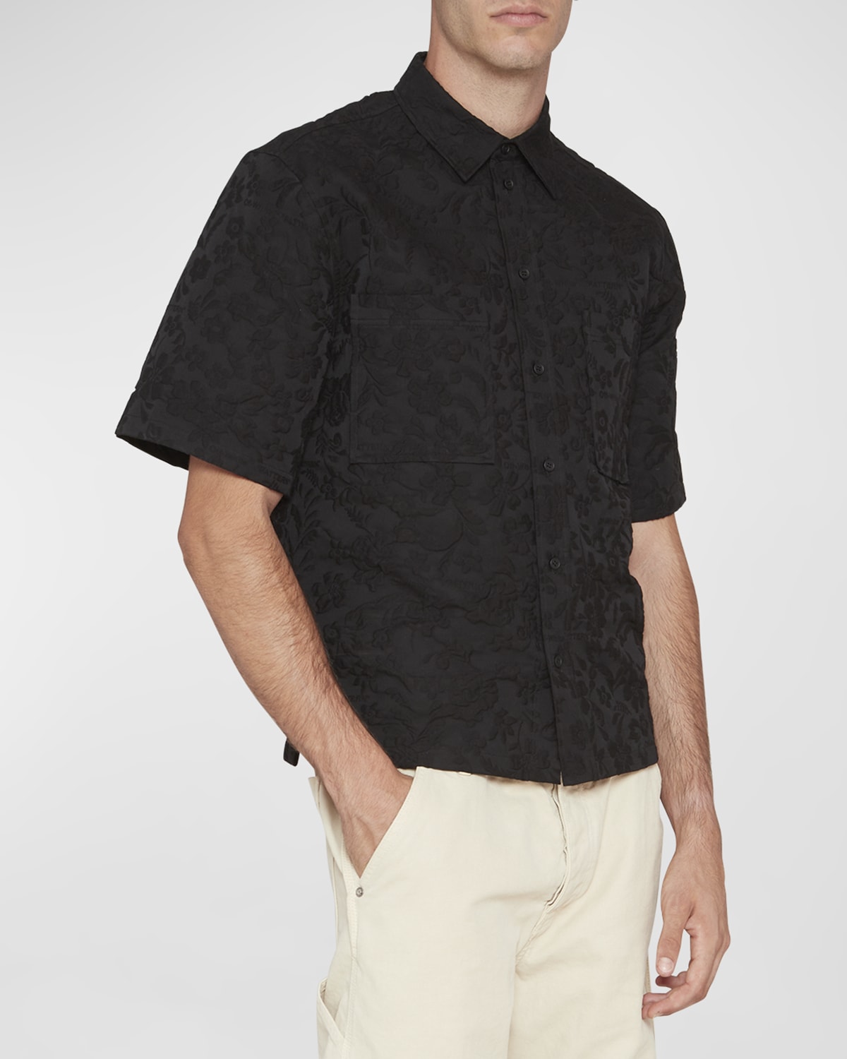 Off-white Men's Flower Jacquard Summer Sport Shirt In Black