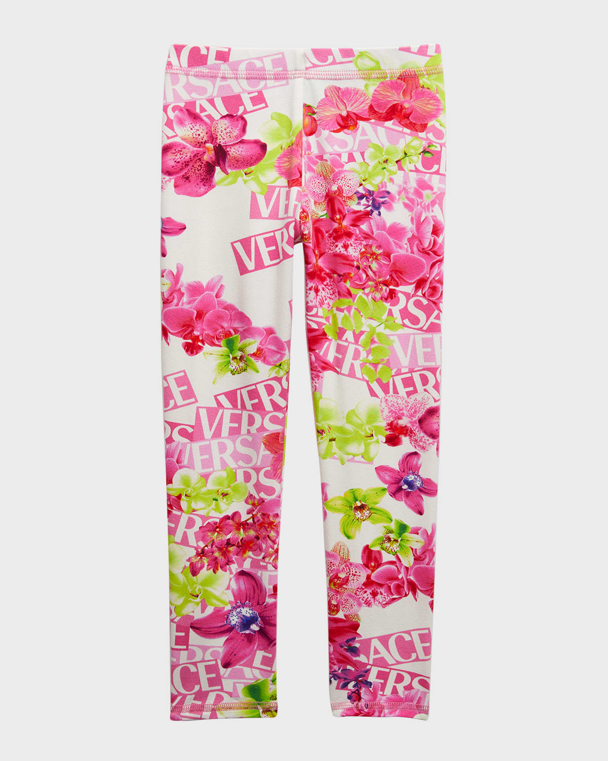 Versace Kids' Girl's Orchid Logo-print Leggings In Whitepink