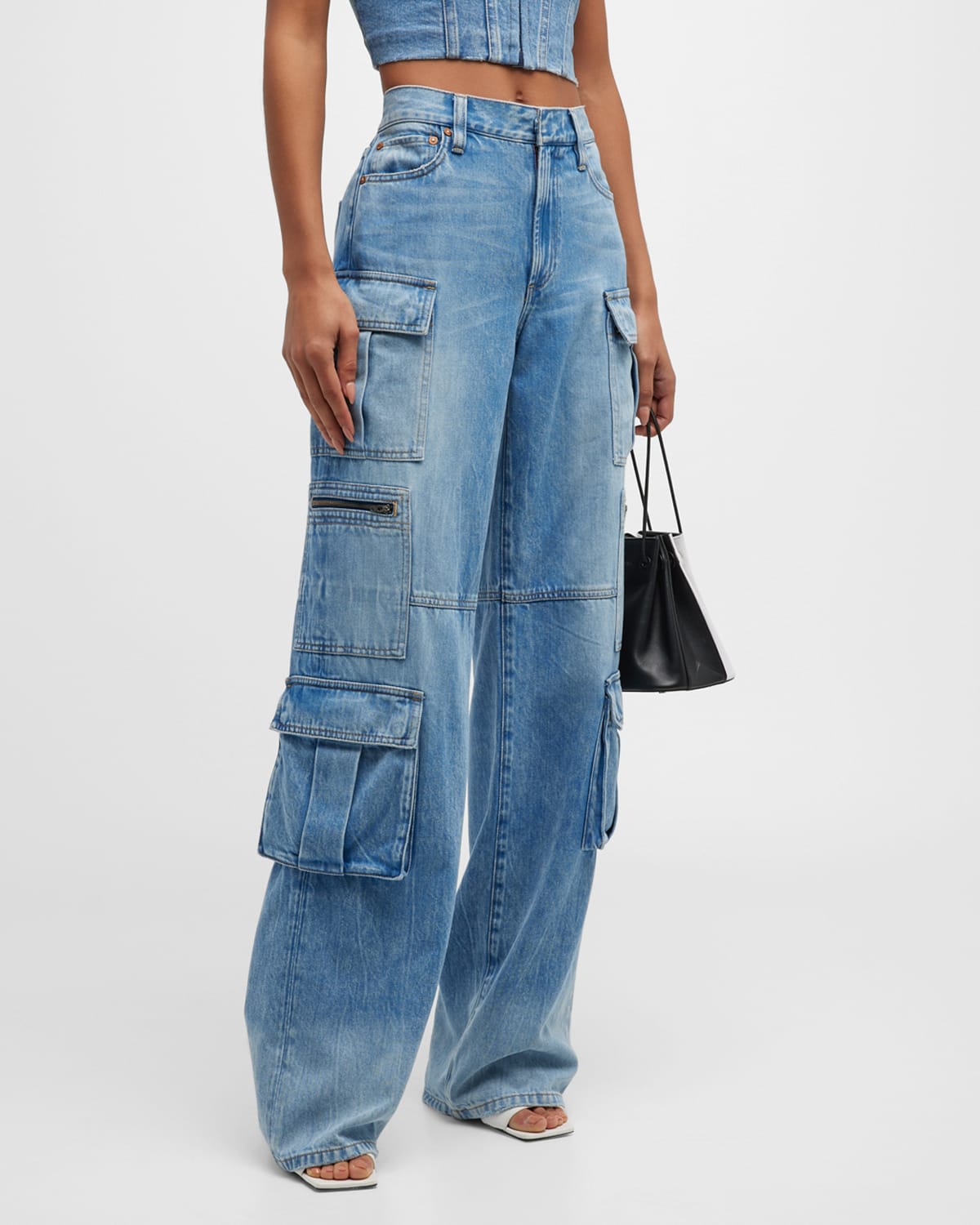 Shop Alice And Olivia Cay Baggy Denim Cargo Pants In Brea Blue
