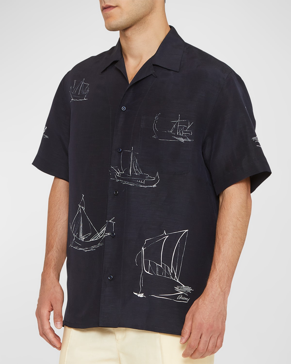 Brioni Men's Sail-print Cotton Camp Shirt In Black Lt G