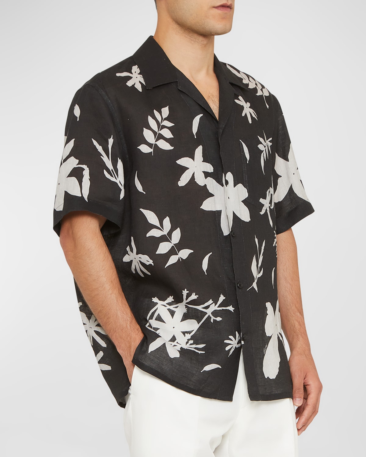 Shop Brioni Men's Floral-print Cotton Camp Shirt In Lead