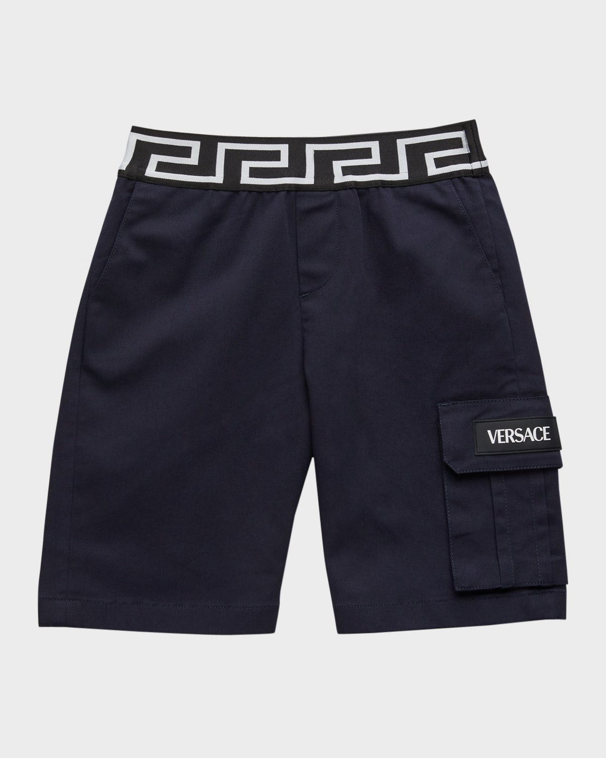 Versace Kids' Boy's Greca-waist Gabardine Cargo Shorts In Blu Scuro
