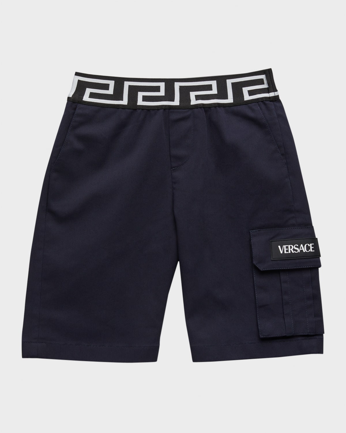 Versace Boy's Greca-waist Gabardine Cargo Shorts In Dark Blue